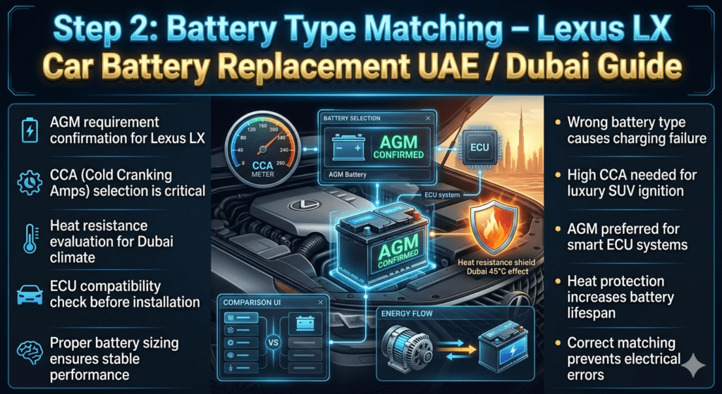 Luxury automotive infographic showing battery type matching process for Lexus LX in Dubai, highlighting AGM confirmation, CCA selection, and heat resistance evaluation in a futuristic diagnostic interface.