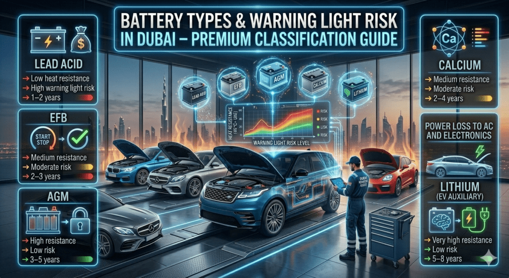 Luxury automotive infographic showing battery types and warning light risk in Dubai, featuring a premium car with holographic comparison display of Lead Acid, EFB, AGM, Calcium, and Lithium batteries with lifespan and risk levels.