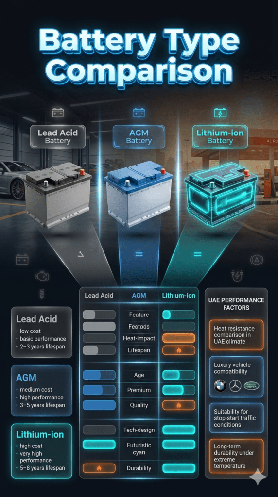 Futuristic automotive infographic showing comparison of lead acid, AGM, and lithium-ion car batteries with features like cost, performance, heat resistance, luxury compatibility, and lifespan in Al Rolla UAE environment.