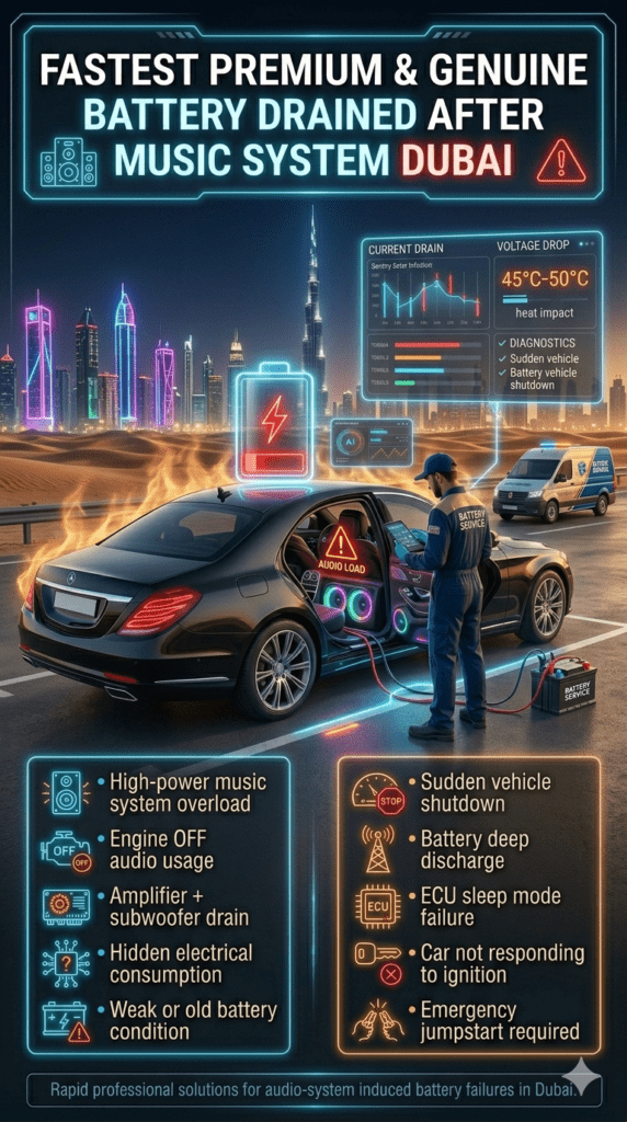 Luxury car battery drained due to high-power music system in Dubai showing emergency jumpstart service and infographic panels explaining causes and effects.