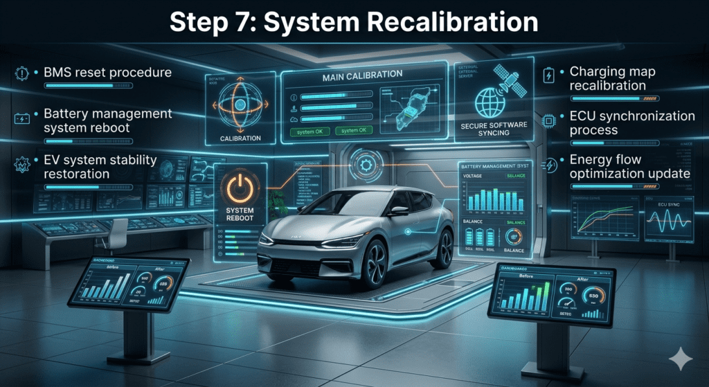 Step 7: System Recalibration – Kia EV6 BMS Reset & ECU Sync UAE Guide Kia EV6 system recalibration process showing BMS reset, charging map recalibration, and ECU synchronization in advanced UAE EV workshop.