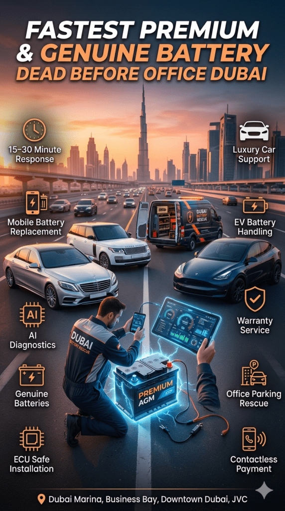 Dubai premium roadside battery replacement service showing emergency AGM battery installation for luxury cars before office hours.