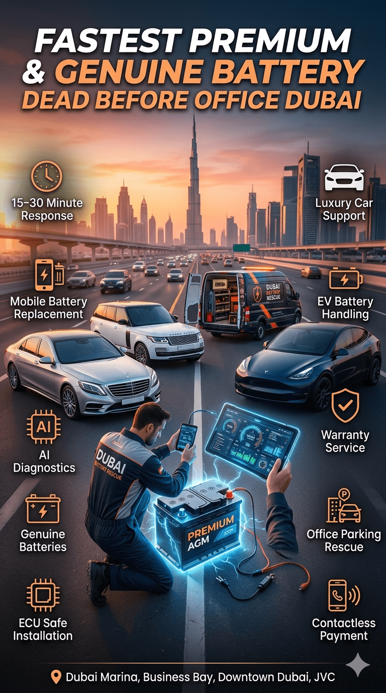 Dubai premium roadside battery replacement service showing emergency AGM battery installation for luxury cars before office hours.