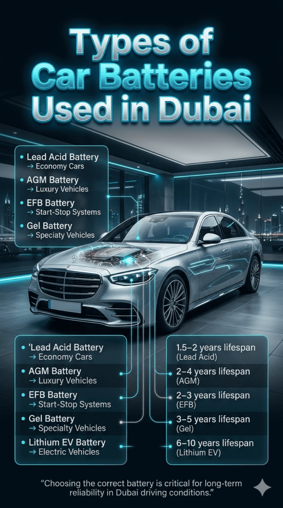 Luxury car infographic showing different types of car batteries used in Dubai with futuristic UI panels listing battery types, lifespan, and usage categories.