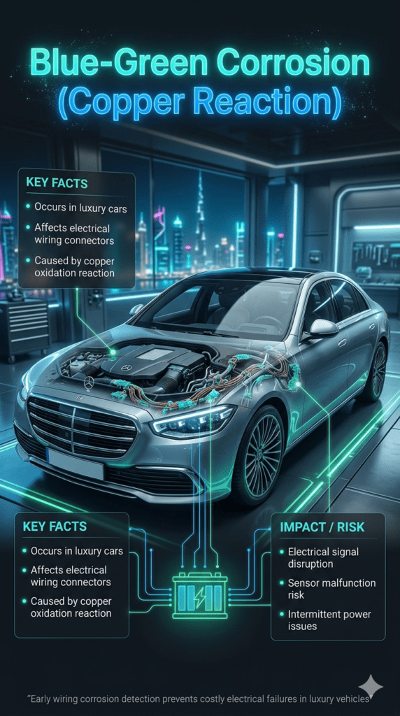 Luxury car wiring infographic showing blue-green corrosion on electrical connectors caused by copper reaction in premium vehicles with futuristic diagnostic UI panels.