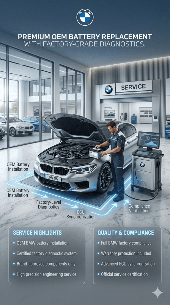 BMW premium dealer service showing OEM battery installation, factory-level diagnostics, and full brand compliance in a luxury dealership workshop.