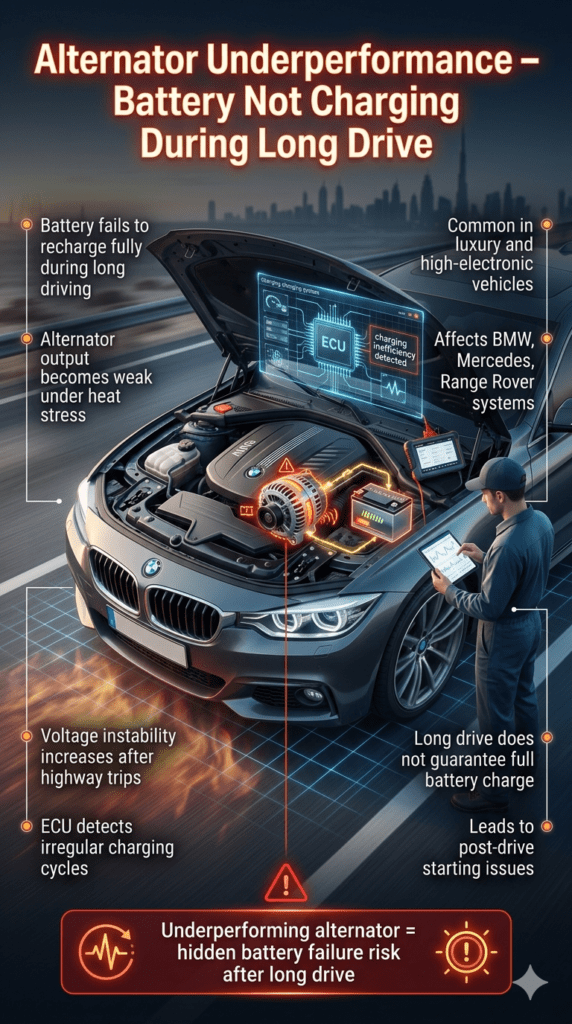 Alternator underperformance infographic showing weak battery charging during long drive in Dubai, with luxury car engine diagnostics and ECU charging system failure visualization.