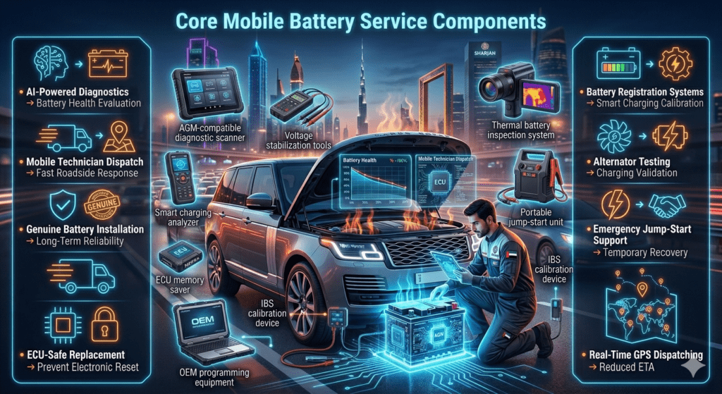 Core Mobile Battery Service Components โ UAE Mobile Battery Ecosystem Premium UAE mobile battery service infographic showing AI diagnostics, ECU-safe installation, GPS dispatch system, and advanced roadside battery tools with luxury SUV.