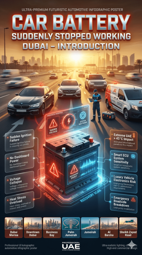 Luxury Dubai automotive infographic showing introduction to sudden car battery failure caused by extreme heat, voltage collapse, and smart system sensitivity in modern vehicles.
