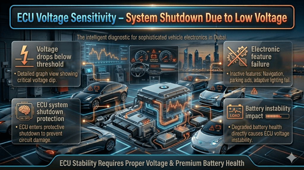 ECU voltage sensitivity infographic showing modern car system shutdown, low battery voltage impact, and electronic failure in Dubai vehicles