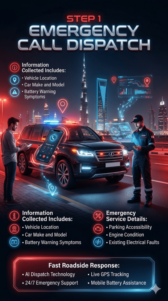 Emergency roadside battery dispatch infographic showing AI-based call support, GPS tracking, vehicle diagnostics, and luxury SUV roadside assistance in Dubai.