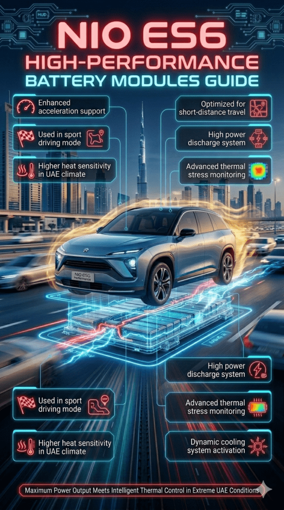 NIO ES6 HIGH-PERFORMANCE BATTERY MODULES GUIDE Futuristic infographic showing NIO ES6 High-Performance Battery Modules in sport mode, highlighting acceleration support, heat sensitivity, and advanced EV power system under Dubai high-speed driving conditions.