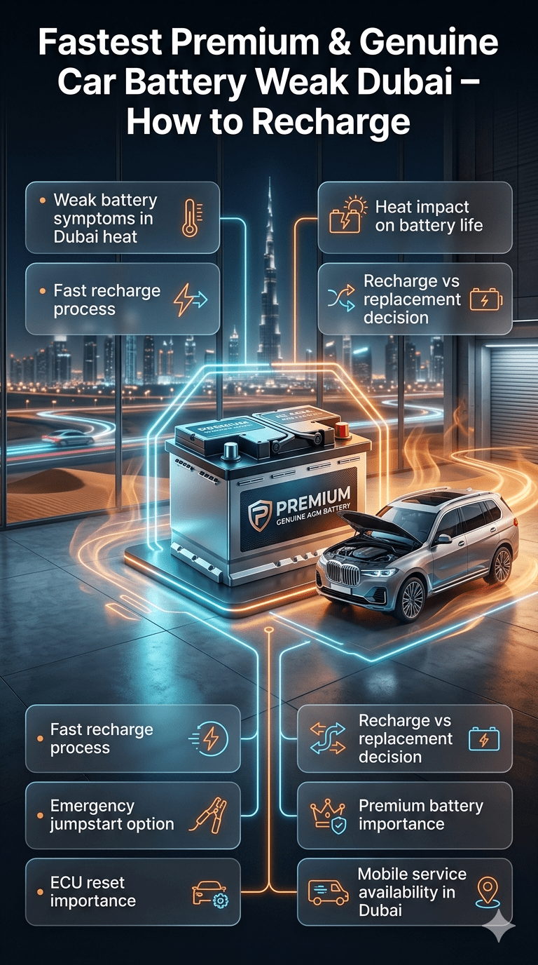 Premium infographic showing fast car battery recharge process in Dubai with luxury car, weak battery symptoms, and roadside assistance guide.