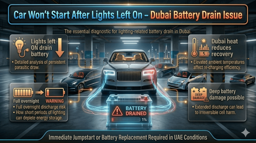 Car battery drain infographic showing car won’t start after lights left on in Dubai parking, battery fully discharged and requiring jumpstart or replacement