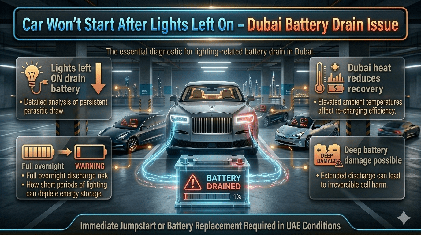 Car battery drain infographic showing car won’t start after lights left on in Dubai parking, battery fully discharged and requiring jumpstart or replacement