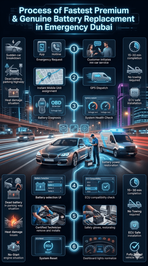 Step-by-step emergency car battery replacement process in Dubai showing technician, mobile service van, diagnostic tools, and six-stage workflow from request to ECU reset with infographic flow design.