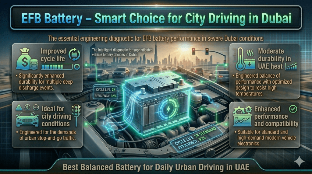 EFB car battery infographic showing improved cycle life, moderate durability, and suitability for city driving in Dubai traffic conditions