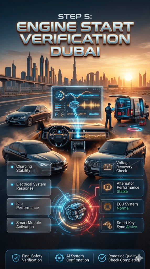 Luxury Dubai automotive infographic showing step 5 engine start verification with checks for charging stability, electrical response, idle performance, and smart module activation after jumpstart.