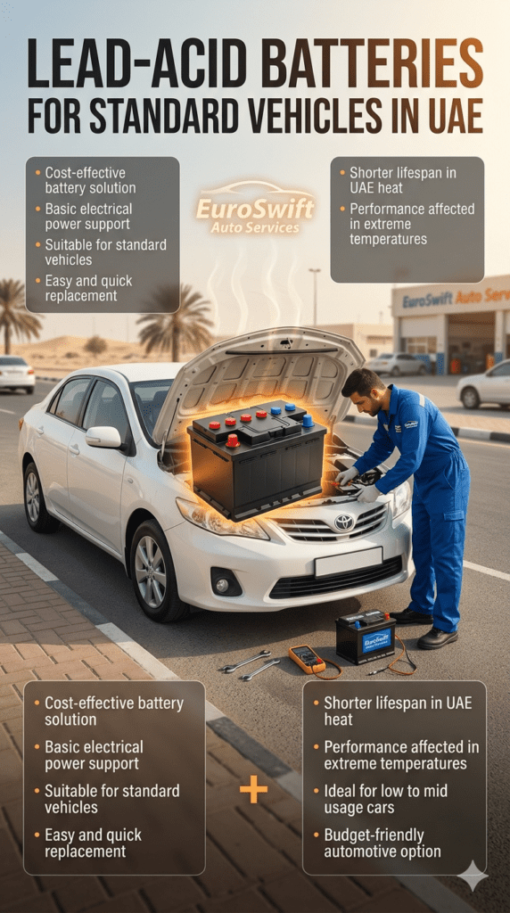 Standard lead-acid car battery replacement in UAE showing technician installing basic cost-effective battery in a regular sedan under hot climate conditions with infographic style features.