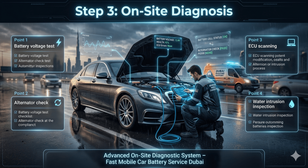 Step 3 On-Site Diagnosis – Car Battery Emergency Inspection Dubai Mobile mechanic performing on-site car battery diagnosis in Dubai with voltage test, alternator check, ECU scanning, and water intrusion inspection using advanced diagnostic tools.