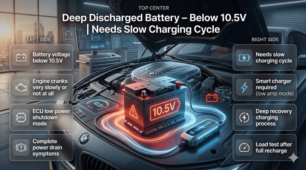 Infographic showing deep discharged car battery below 10.5V requiring slow charging cycle with smart charger in modern automotive workshop design.