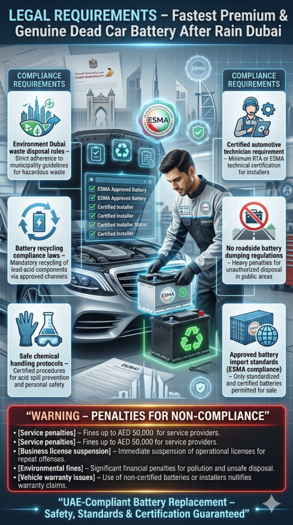 Legal Requirements for Car Battery Replacement Dubai UAE Compliance Guide Automotive technician replacing car battery in Dubai with legal compliance overlay showing ESMA standards, recycling rules, and environmental safety regulations for battery replacement services.