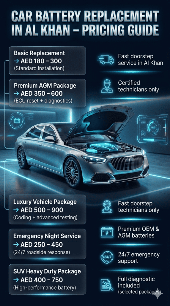 Luxury automotive infographic showing car battery replacement pricing packages in Al Khan with service tiers, emergency support options, and premium diagnostic features in a futuristic neon design.