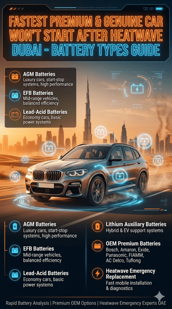 Luxury automotive infographic showing different car battery types for heatwave emergencies in Dubai with premium car center visual and technical breakdown panels.