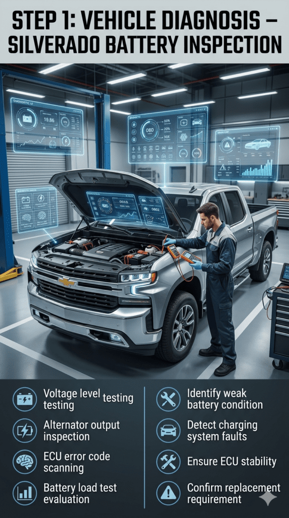 Chevrolet Silverado in a UAE workshop undergoing battery diagnosis with technician checking voltage, alternator output, ECU codes, and load test using diagnostic tools.