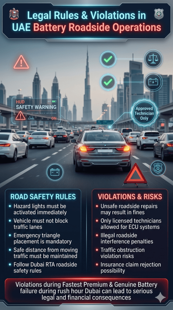 Dubai roadside battery emergency legal rules infographic showing hazard light requirement, emergency triangle placement, licensed technician restriction, and penalties for violations during rush hour breakdowns.