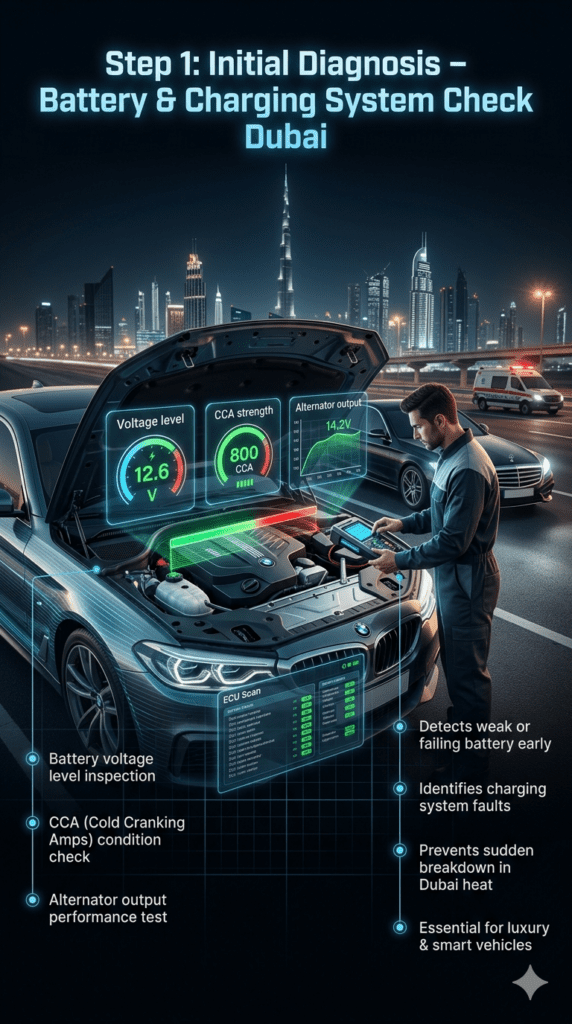 Car battery initial diagnosis infographic showing technician checking voltage level, CCA condition, and alternator output using digital diagnostic tools in Dubai roadside service.