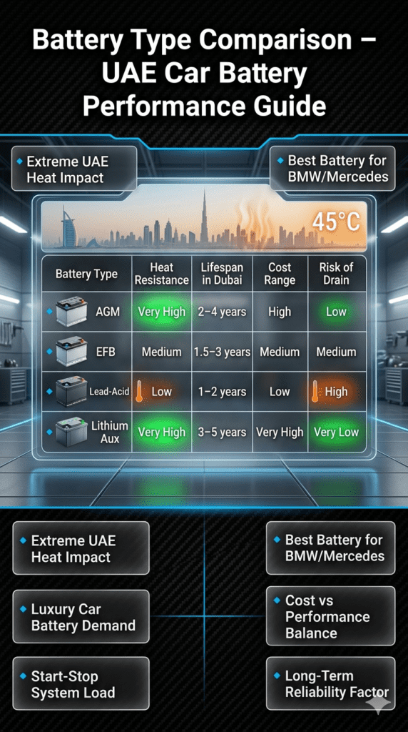 Automotive infographic showing comparison table of car battery types in UAE, including AGM, EFB, Lead-Acid, and Lithium Auxiliary with heat resistance, lifespan, cost, and drain risk.