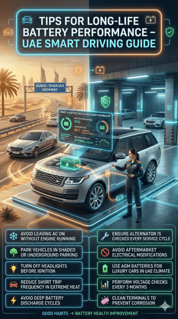 Premium infographic showing fast car battery replacement in Al Butina Industrial with technician installing a battery in a luxury vehicle, surrounded by UAE heat, smart car technology icons, and service highlights.