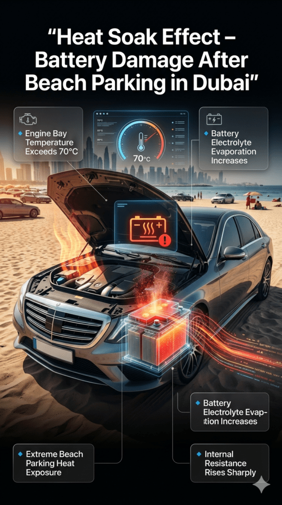 Premium infographic showing heat soak effect on car battery after beach parking in Dubai, highlighting 70°C engine temperature, electrolyte evaporation, and increased internal resistance.