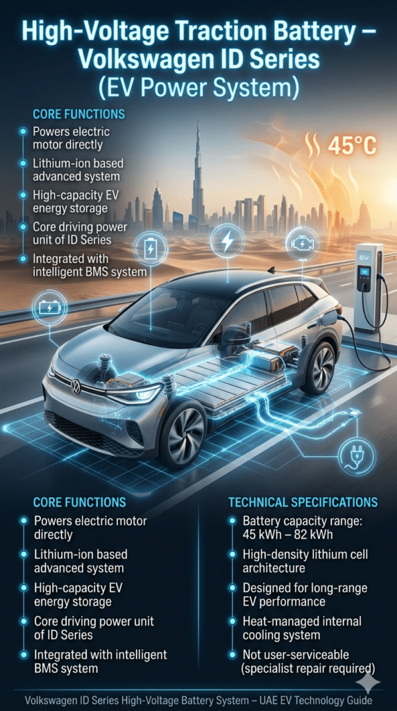 Volkswagen ID Series high-voltage lithium traction battery infographic showing EV power system, battery capacity range, electric motor connection, and Dubai UAE EV environment.