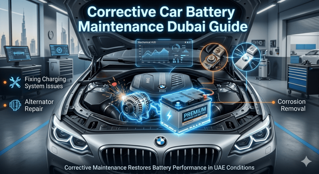 Infographic showing corrective car battery maintenance in Dubai including alternator repair, charging system fixes, and corrosion removal in a luxury car engine bay.