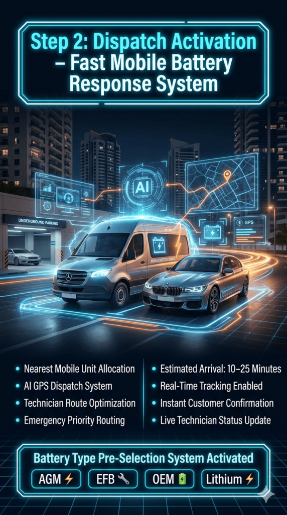 Step 2: Dispatch Activation – Mobile Car Battery Service Response System (10–25 Minutes Arrival) Futuristic dispatch activation system showing mobile car battery replacement van being assigned with GPS tracking, estimated arrival time, and AI-based battery pre-selection in Dubai residential area.