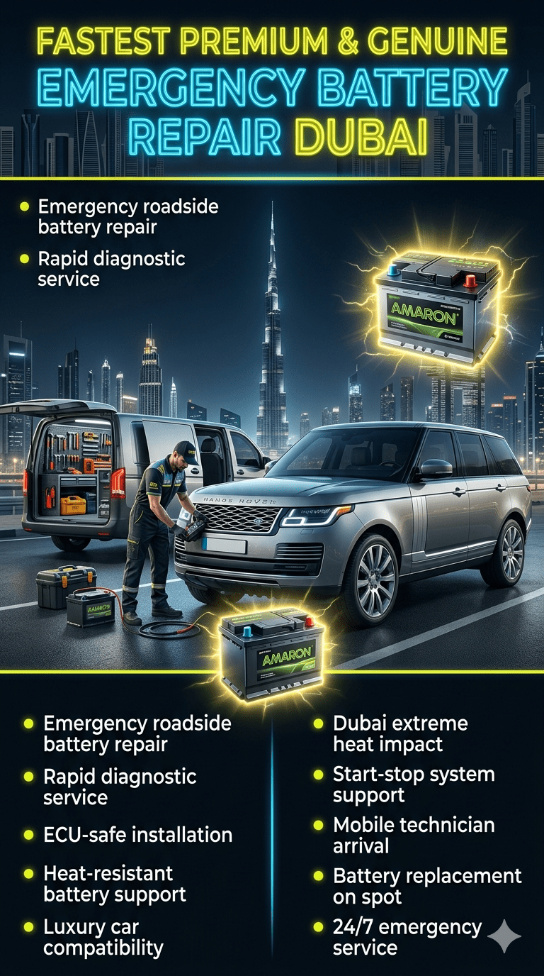 Emergency roadside car battery repair in Dubai showing a luxury vehicle being serviced by a mobile technician with professional diagnostic tools and battery replacement service.