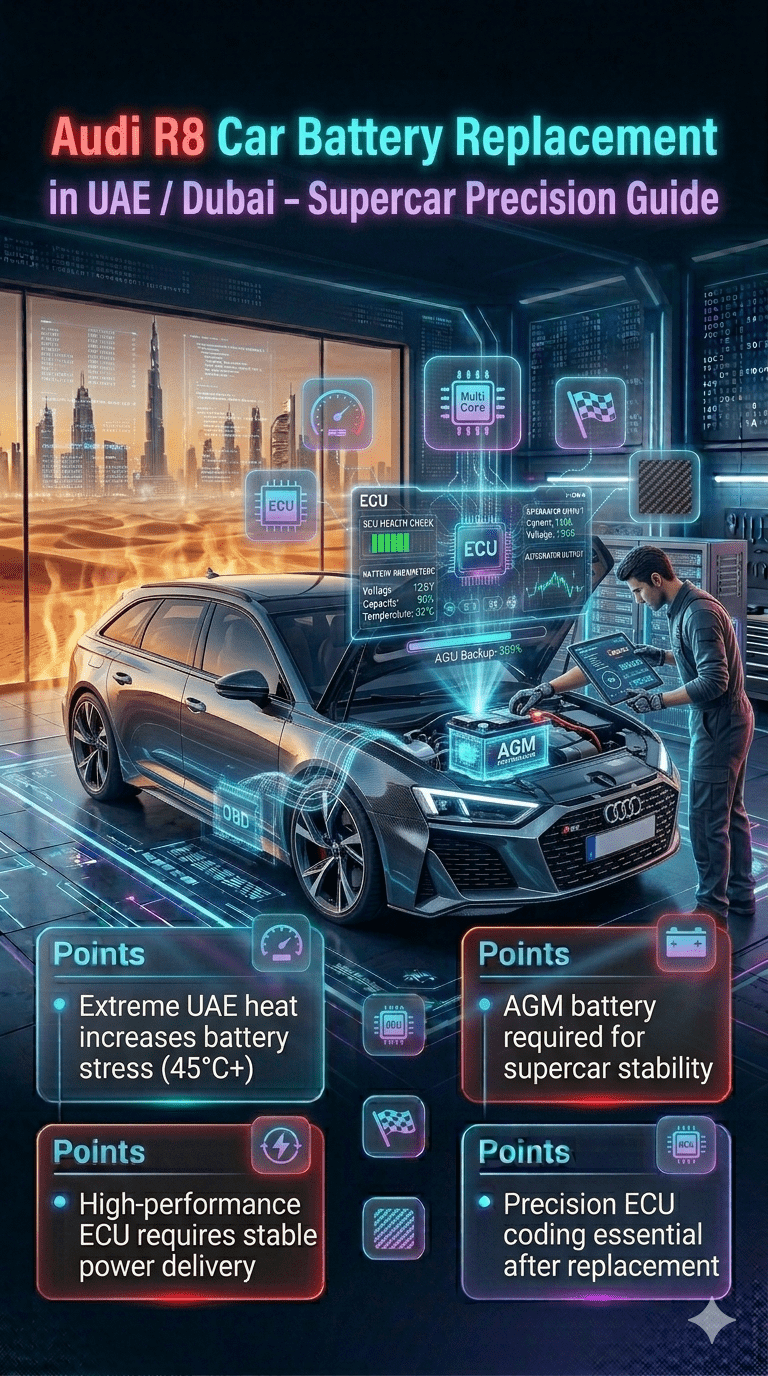 Premium infographic showing Audi R8 Car Battery Replacement in UAE / Dubai with supercar in futuristic workshop, highlighting ECU systems, AGM battery requirements, and extreme heat impact.