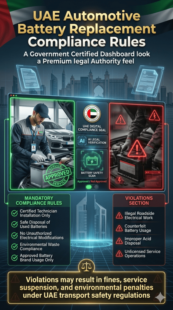 UAE Car Battery Replacement Compliance Rules – Legal Safety & Regulation Guide UAE automotive compliance infographic showing certified car battery installation rules, illegal violation warnings, and regulatory penalties for battery replacement services in Dubai.
