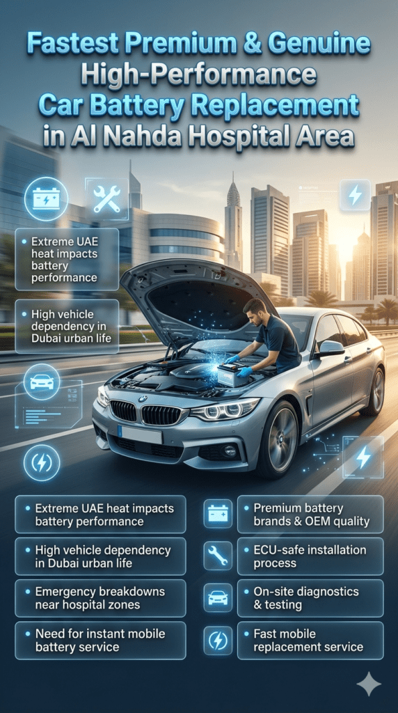 Premium infographic showing fastest car battery replacement service in Al Nahda Hospital Area Dubai with luxury car, technician installing battery, and side panels highlighting UAE heat impact, emergency service needs, and premium battery solutions.