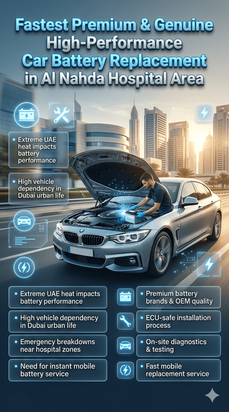 Premium infographic showing fastest car battery replacement service in Al Nahda Hospital Area Dubai with luxury car, technician installing battery, and side panels highlighting UAE heat impact, emergency service needs, and premium battery solutions.