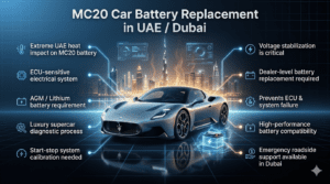 Read more about the article MC20 Car Battery Replacement in Dubai & UAE – Fast 24/7 Mobile Supercar Service