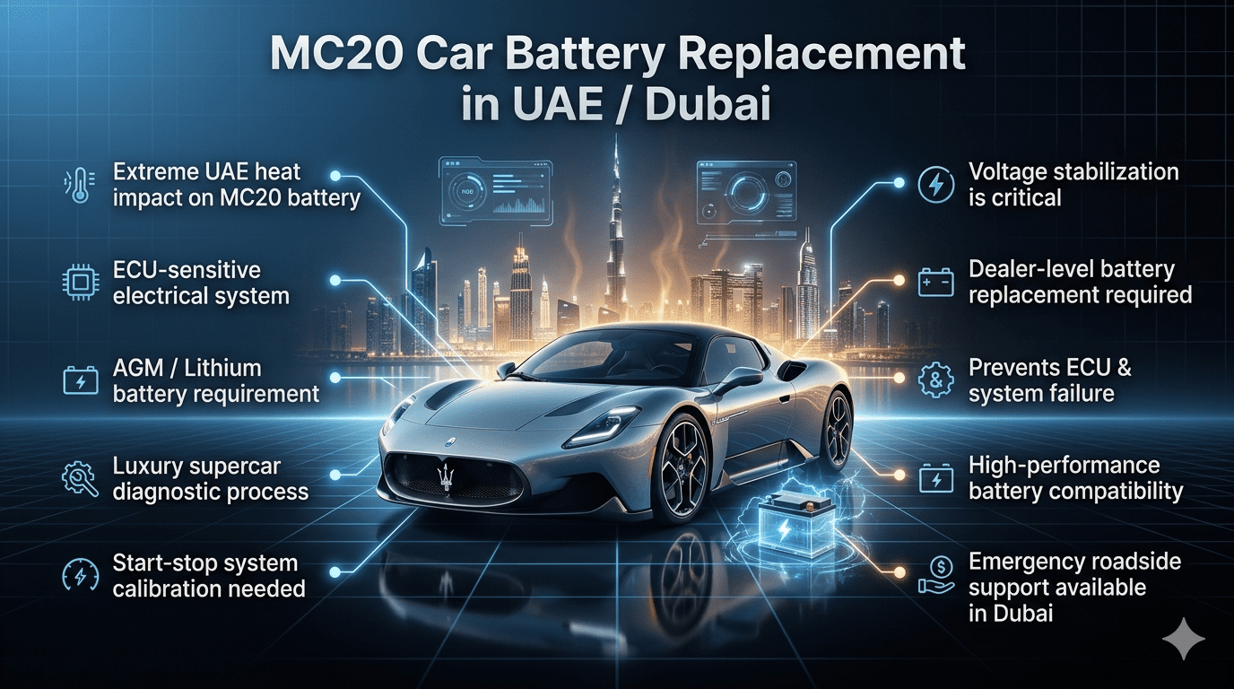 MC20 Car Battery Replacement in UAE Dubai luxury supercar service infographic showing Maserati MC20 with battery system highlights, ECU safety, and Dubai automotive environment
