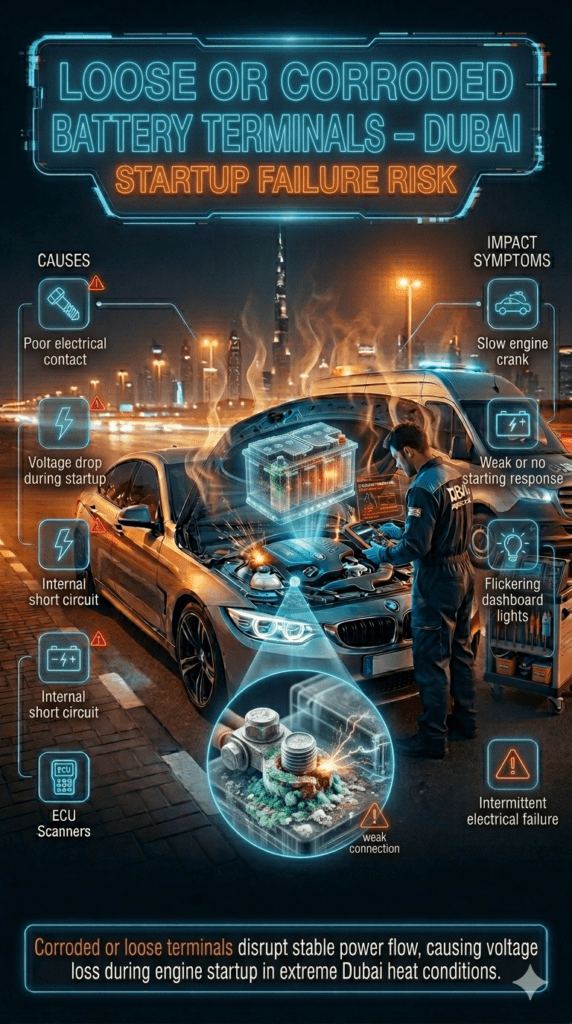 Car battery terminal corrosion diagnostic scene in Dubai showing loose and corroded connections causing voltage drop during startup with mobile mechanic inspecting battery using multimeter tool.