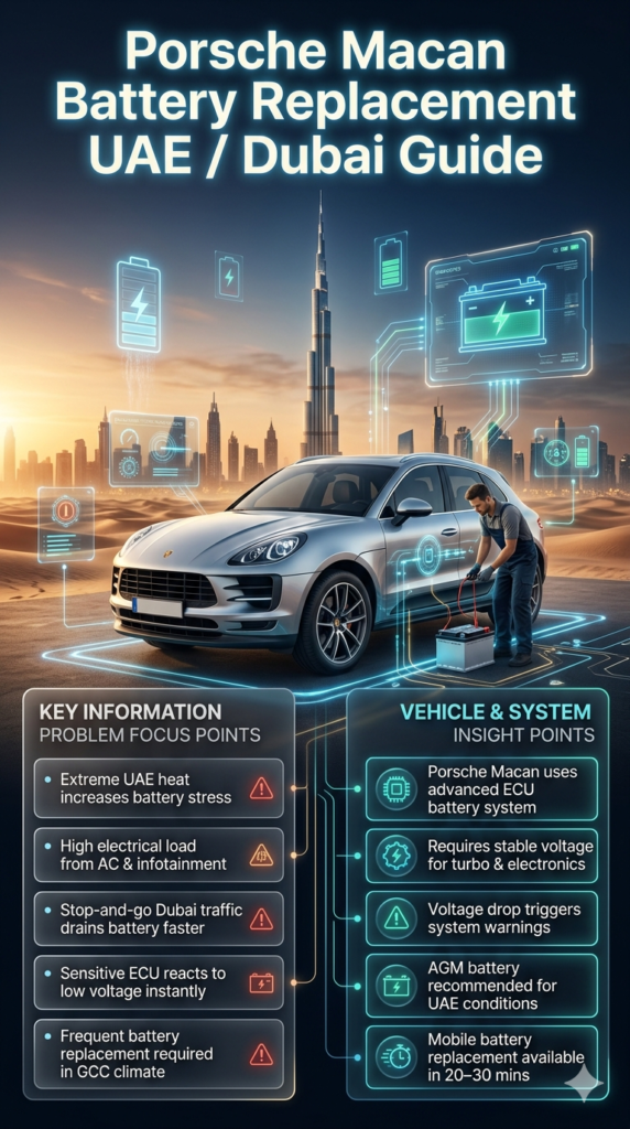 Luxury infographic showing Porsche Macan battery replacement in UAE/Dubai with Dubai skyline, highlighting heat impact, ECU sensitivity, and mobile battery service.