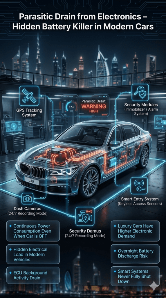 Premium automotive infographic showing parasitic battery drain in modern luxury cars caused by GPS, security systems, dash cameras, and smart entry systems continuously consuming power.