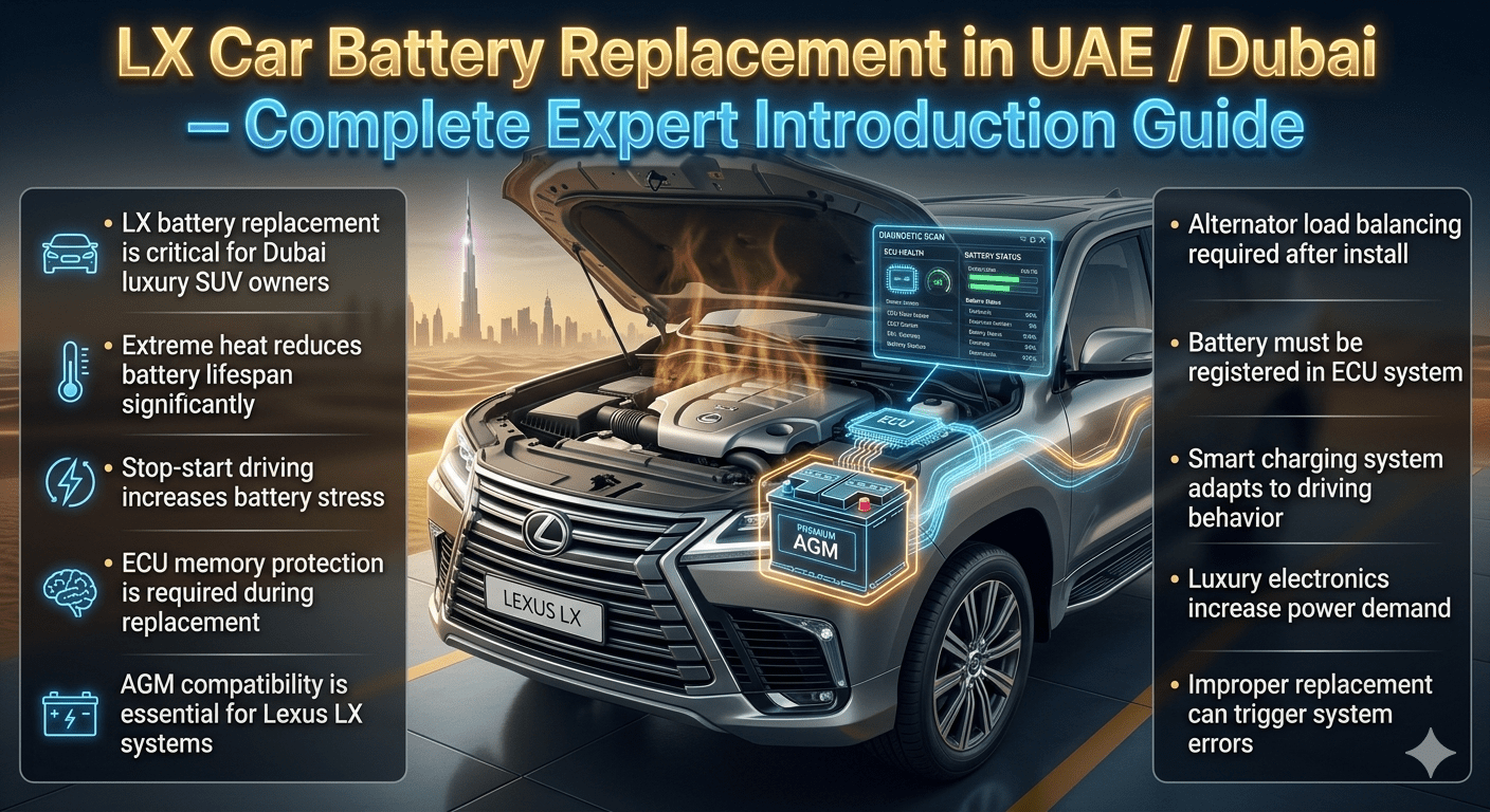 Luxury automotive infographic showing Lexus LX car battery replacement in Dubai, highlighting ECU protection, AGM battery system, and alternator load balancing in a premium SUV engine bay under extreme heat conditions.