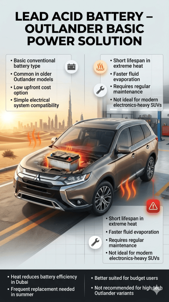 Mitsubishi Outlander lead acid battery infographic showing conventional battery type, heat limitations in UAE Dubai climate, and SUV installation inside a realistic automotive engine scene.