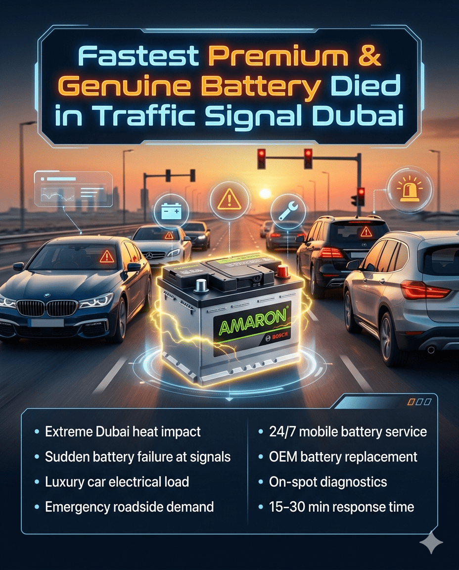 Emergency car battery failure at traffic signal in Dubai showing luxury vehicles and premium battery replacement service infographic guide